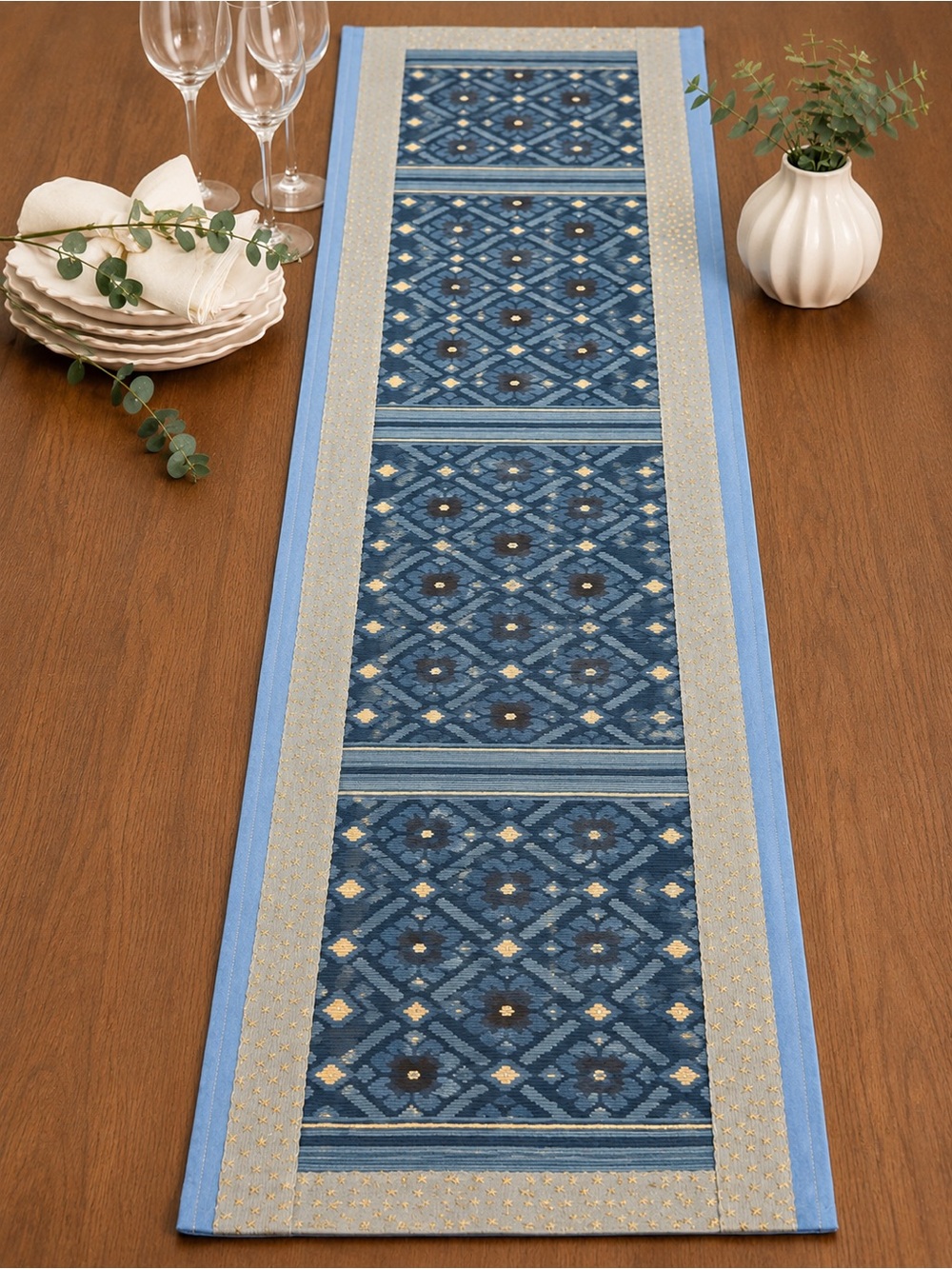 Handmade Blue Ikat Table Runner | Luxury Boho Farmhouse Decor | 144×35 cm